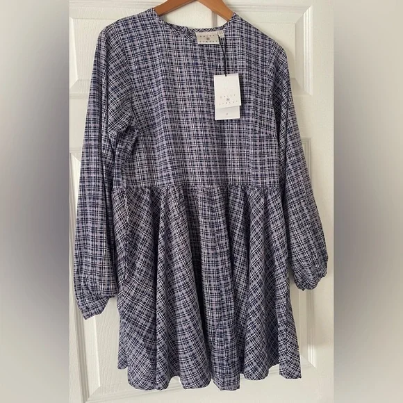 NWT ASOS Daisy Street Mini Smock Dress in Blue Check Size Medium - Picture 2 of 4